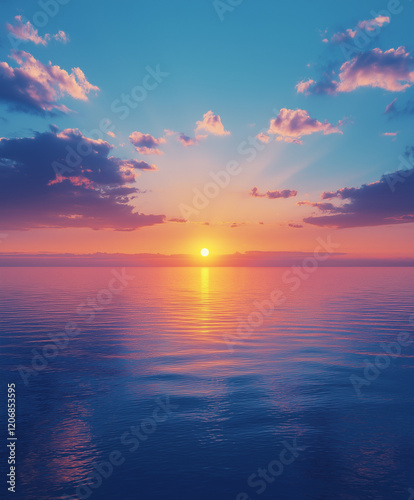 A breathtaking scene featuring a vibrant blue sky with white clouds and a golden sunset reflecting on the sea, captured in high-definition photography with rich colors and radiant golden light