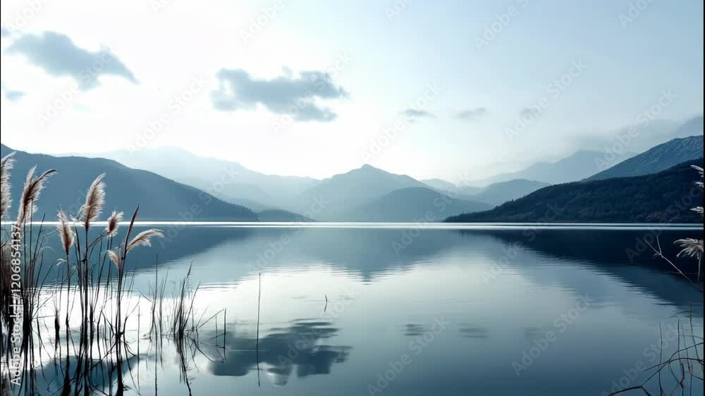 Dolly in to a tranquil lake with serene reflections and gently swaying reeds at the water's edge