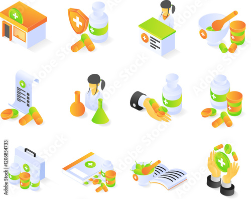 Pharmacy drugs set icon isometric style