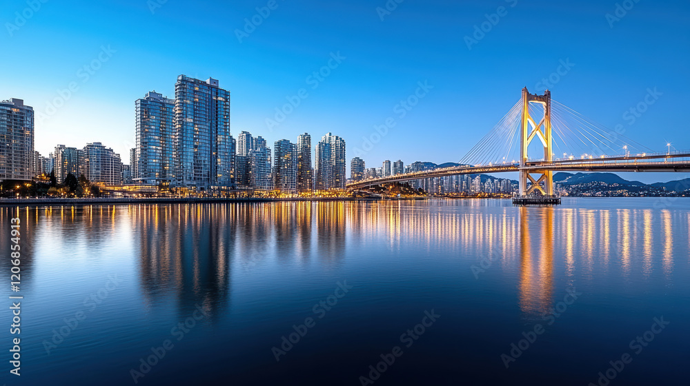 Naklejka premium serene skyline city at dusk with silhouette of bridge and reflections