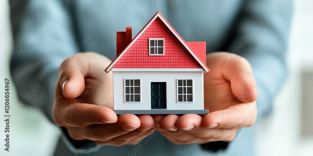 Real estate investment: hands holding house model for housing or mortgage concept Real estate investment: hands holding house model for housing or mortgage concept