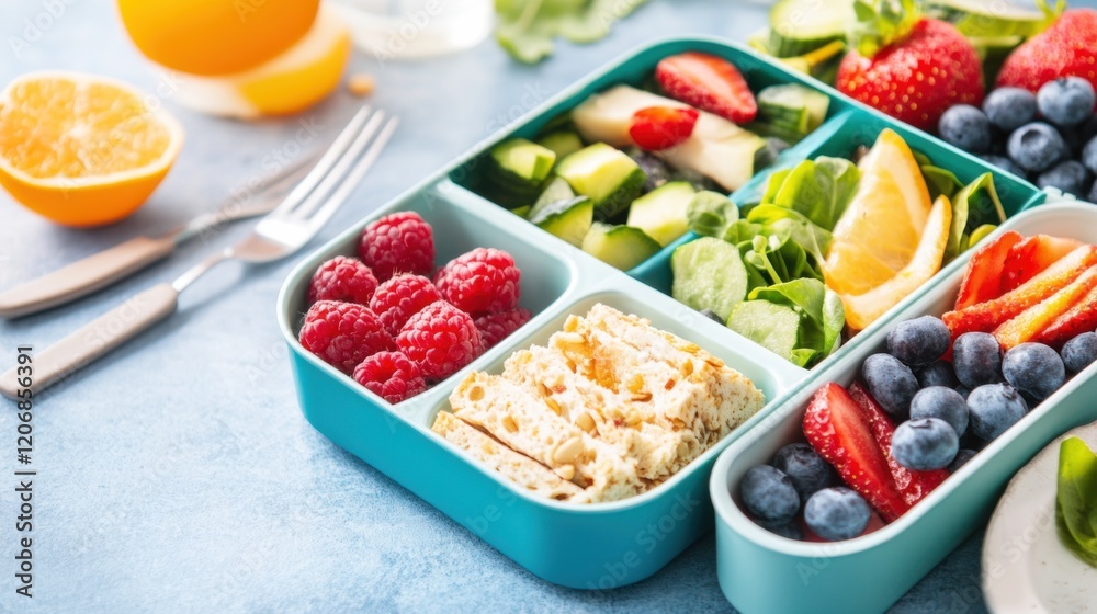 A nutritious lunchbox for kids, featuring balanced portions of proteins, grains A nutritious lunchbox for kids, featuring balanced portions of proteins, grains