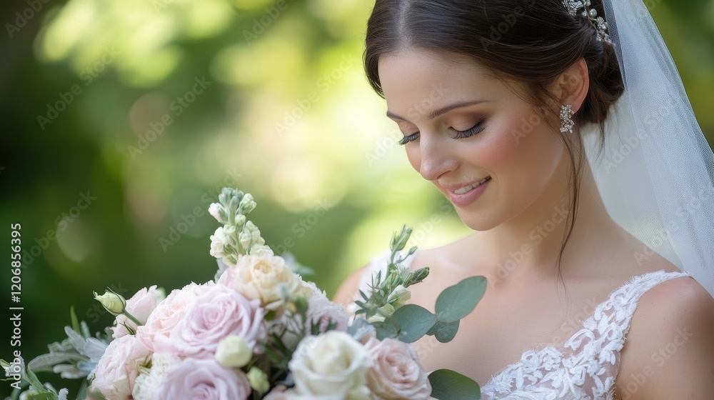 Obraz premium Elegant Bride Holding Beautiful Bouquet in Soft Natural Light