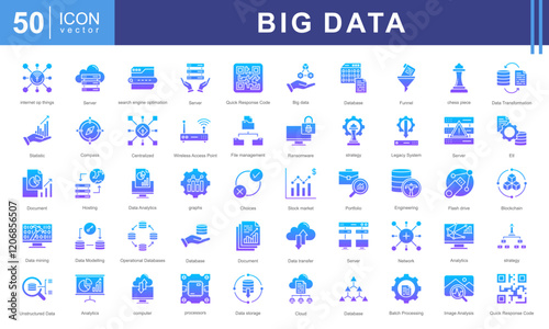 Big Data icon collection. Contains database, information, data analytics, insights, search engine optimization, velocity, variety, value, processing, storage icons.