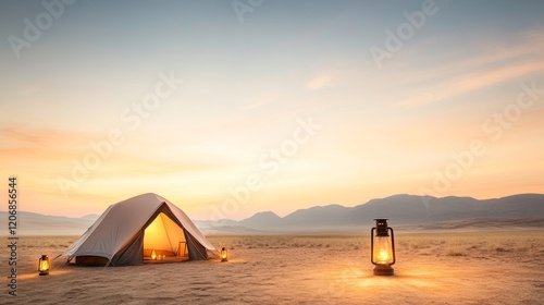 Serene Desert Camping Scene at Dusk with Lanterns, Tent, and Expansive Landscape Under a Colorful Sky During the Golden Hour of Twilight