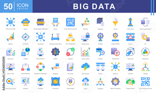 Big Data icon collection. Contains database, information, data analytics, insights, search engine optimization, velocity, variety, value, processing, storage icons.