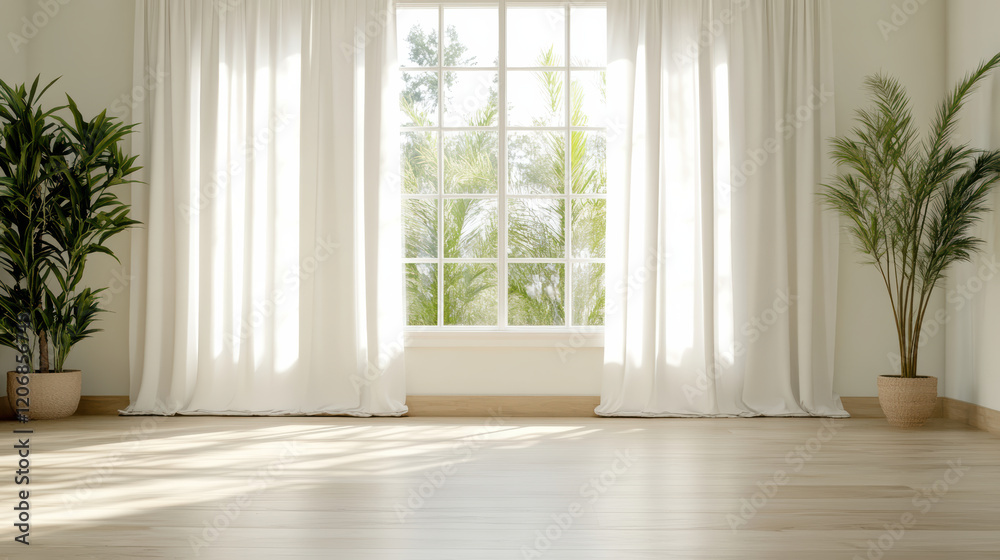Elegant curtains draping in sunlit room with lush plants nearby Elegant curtains draping in sunlit room with lush plants nearby