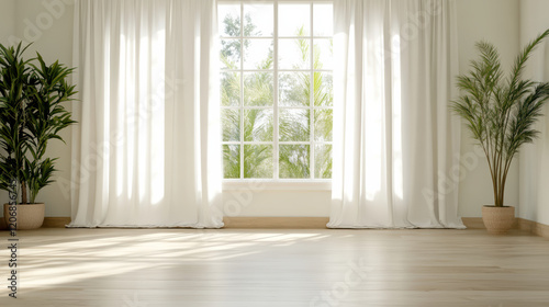 Elegant curtains draping in sunlit room with lush plants nearby