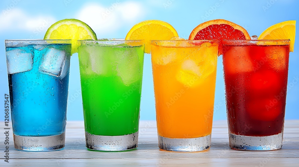 Colorful Refreshing Drinks with Ice in Bright Summer Setting Colorful Refreshing Drinks with Ice in Bright Summer Setting