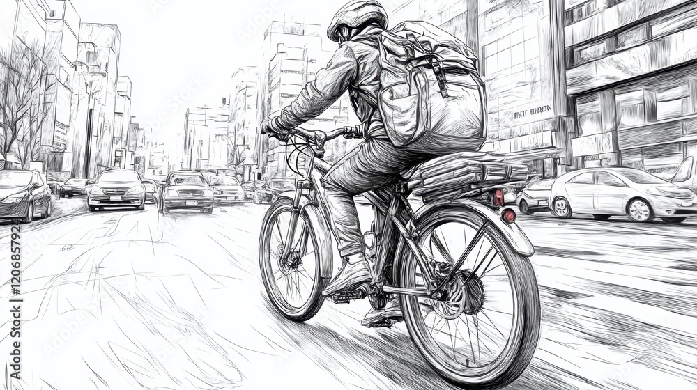 Cyclist navigating through busy city streets with a backpack during a sunny afternoon Cyclist navigating through busy city streets with a backpack during a sunny afternoon