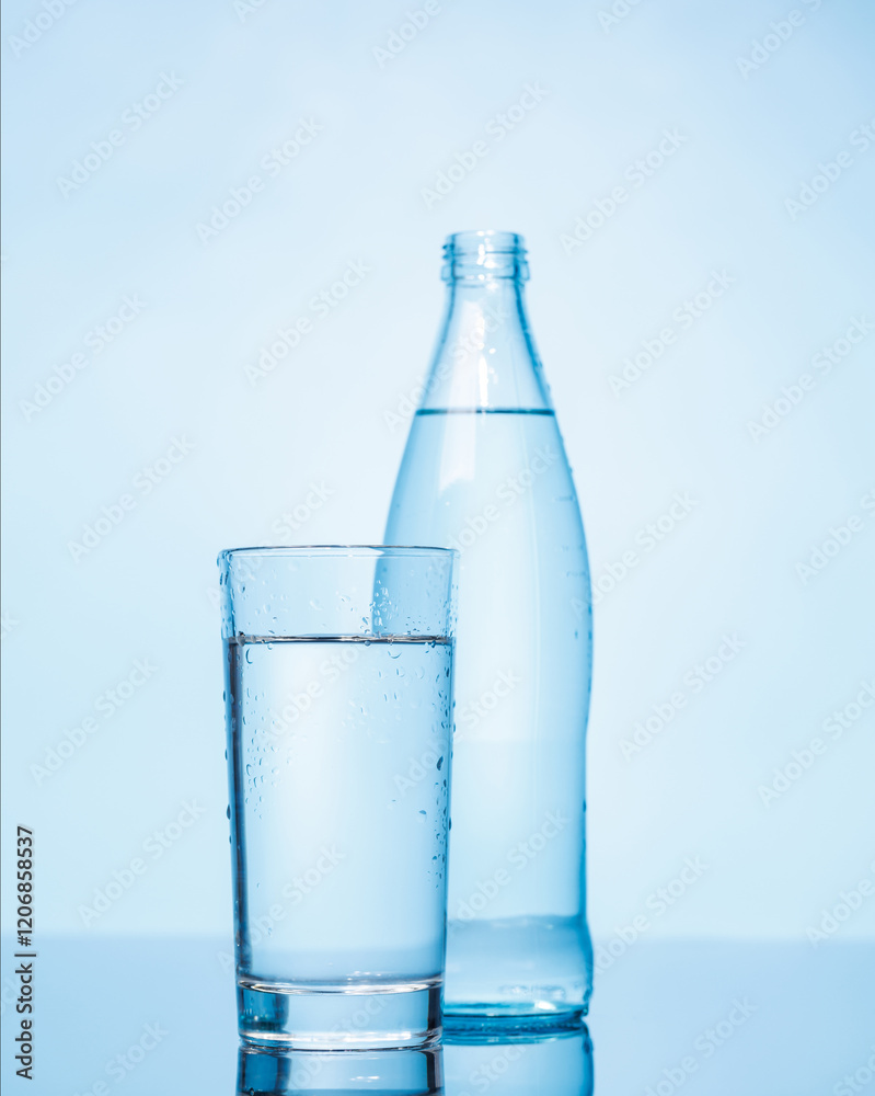 A simple and clear glass and bottle of pure water A simple and clear glass and bottle of pure water