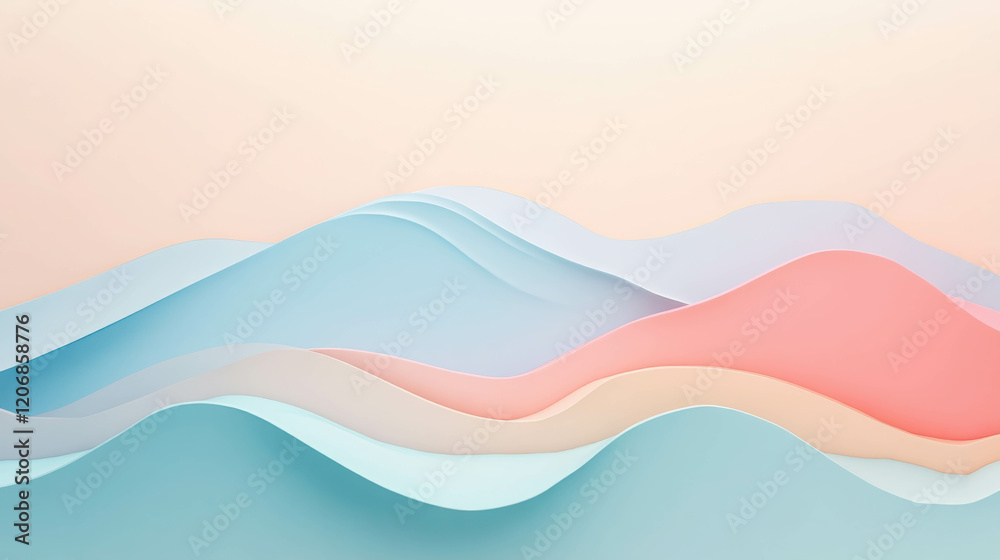 Fototapeta premium Serene 3D Flat Design of Mountain Waves in Pastel Colors for Tranquil Aesthetic View