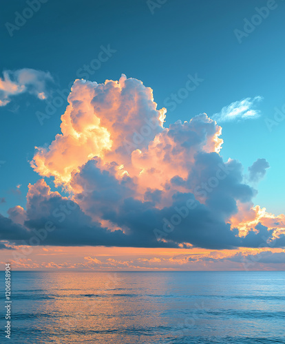 A breathtaking scene featuring a vibrant blue sky with white clouds and a golden sunset reflecting on the sea, captured in high-definition photography with rich colors and radiant golden light