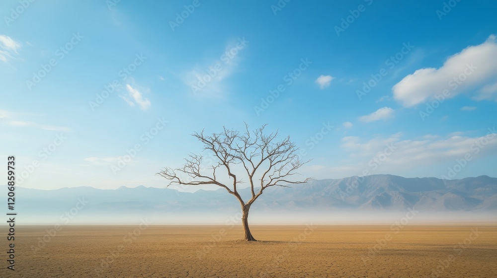 Solitary Tree in a Vast Desert Landscape Under a Clear Blue Sky with Gentle Clouds and Mountain Range in the Background Capturing Nature's Serenity and Loneliness Solitary Tree in a Vast Desert Landscape Under a Clear Blue Sky with Gentle Clouds and Mountain Range in the Background Capturing Nature's Serenity and Loneliness