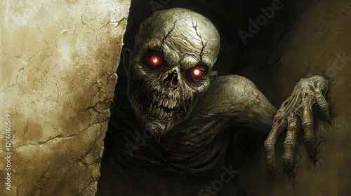 Grotesque Humanoid Creature with Distorted Features Emerging from a Dark Corner photo