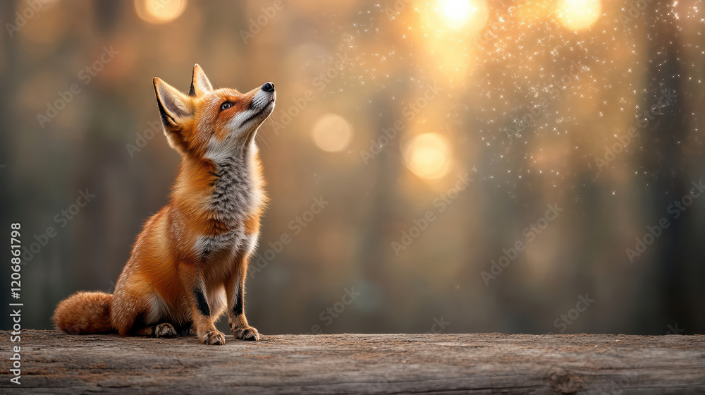 Obraz premium fox gazes upward, surrounded by magical forest atmosphere with sparkling lights