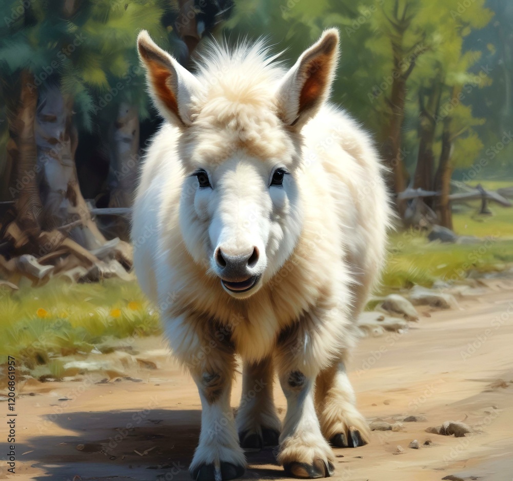 Fototapeta premium Illustration of cute animal, fluffy donkey.