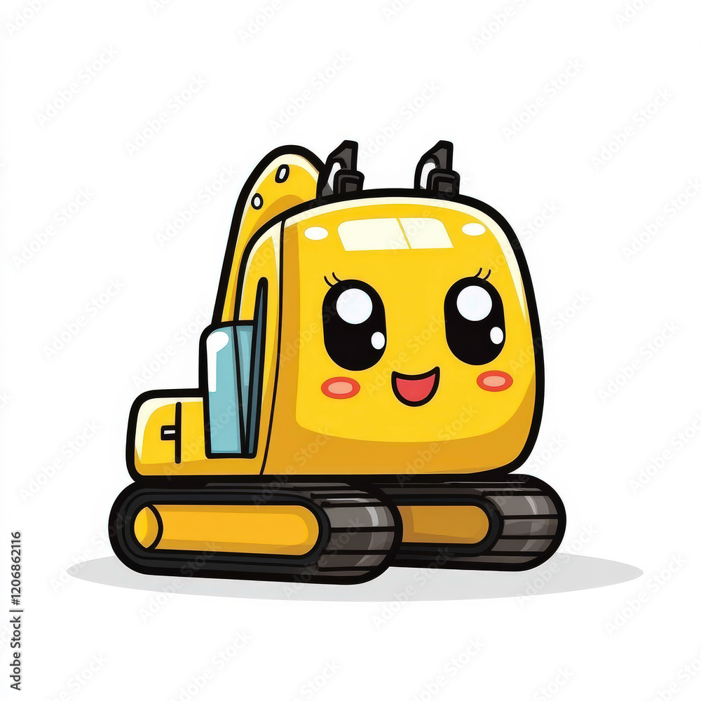 Fototapeta premium Cute Cartoon Excavator with Bright Yellow Color and Happy Face, Perfect for Children's Books or Educational Materials About Construction and Heavy Equipment
