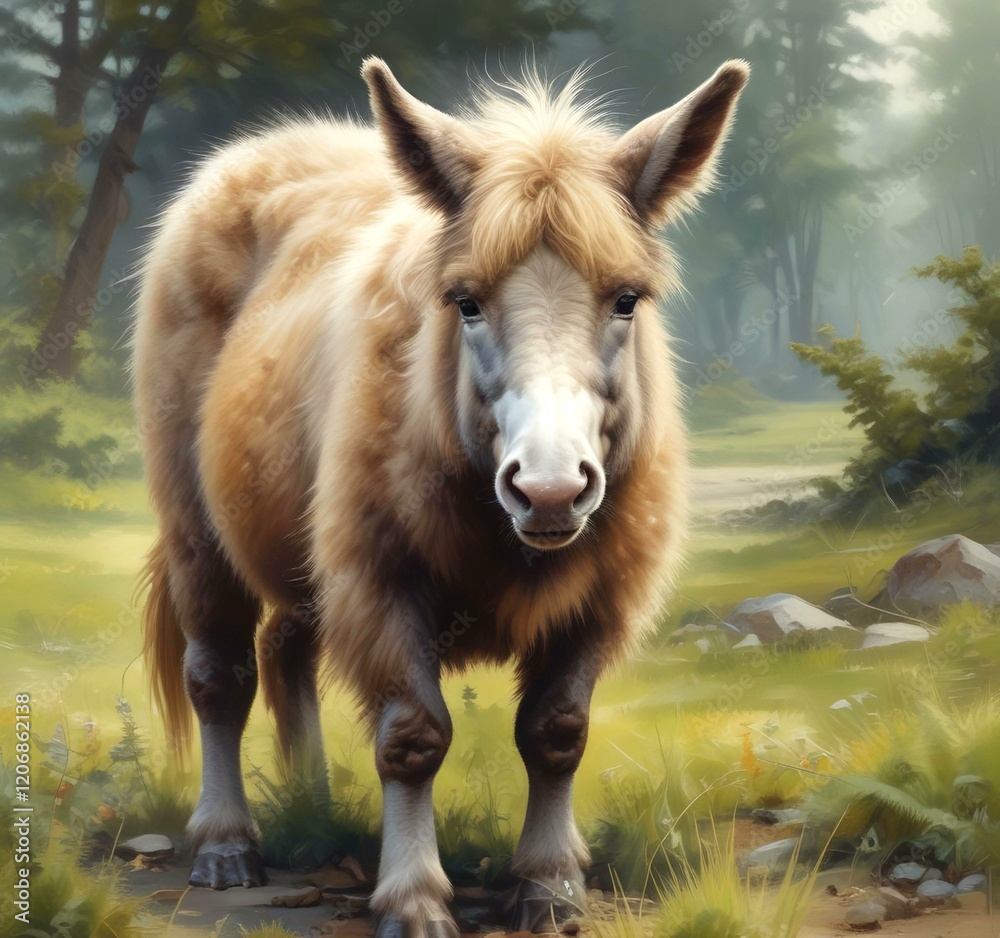 Fototapeta premium Illustration of cute animal, fluffy donkey.