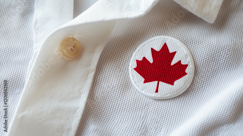 One red and white Canada Day badge on a stark, white shirt, clean and simple.