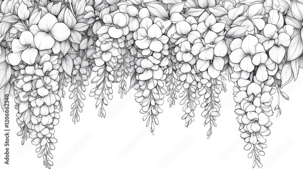Naklejka premium Explore the beauty of cascading flowers with this detailed coloring page of blossoming vines and petals
