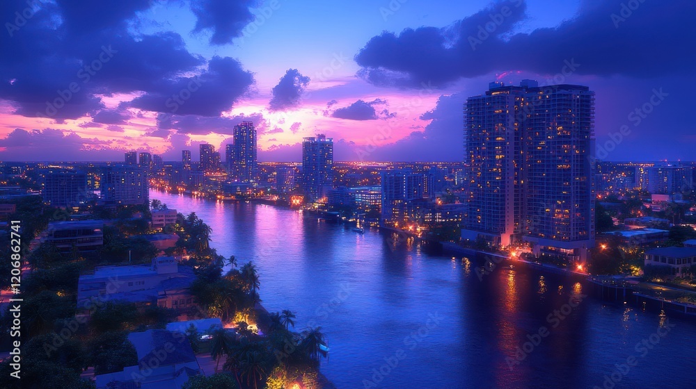 Fototapeta premium panoramic view of a city skyline at night, with the city lights sparkling across the horizon.