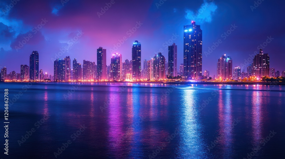 panoramic view of a city skyline at night, with the city lights sparkling across the horizon. panoramic view of a city skyline at night, with the city lights sparkling across the horizon.
