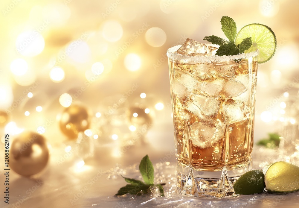 Festive cocktail with ice, lime, and mint. Festive cocktail with ice, lime, and mint.