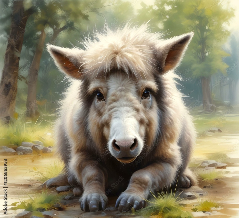Fototapeta premium Illustration of cute animal, fluffy donkey.