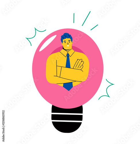 Business man emerging from inside the lamp. Creative concept. Flat vector illustration isolated on white background