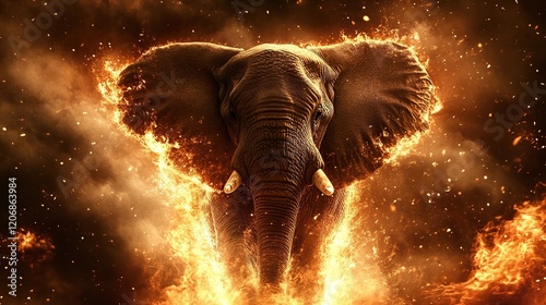 Fiery elephant, majestic, powerful, flames, wildlife.