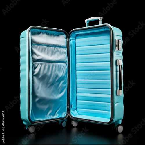 Une valise turquoise ouverte. L'intérieur est doublé d'un tissu gris clair et la valise est dotée d'une poignée et de roulettes pour un transport facile. Le fond est noir