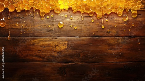 Golden honey dripping from honeycomb on rustic wooden surface creating a warm and inviting atmosphere
