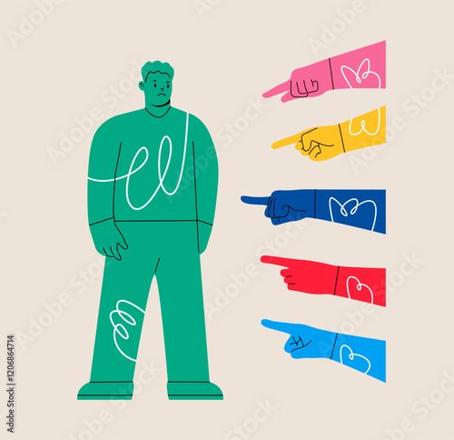 Sad or depressed man surrounded by hands with index fingers pointing at his. Condemnation and bullying concept. Colorful vector illustration