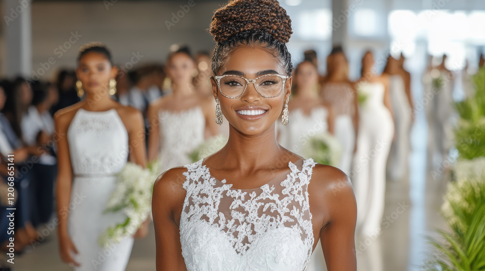 Naklejka premium Elegant bridal fashion show featuring models in stunning white gowns
