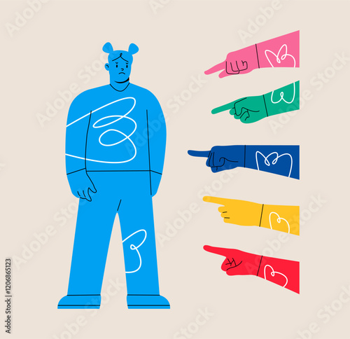 Sad or depressed woman surrounded by hands with index fingers pointing at her. Condemnation and bullying concept. Colorful vector illustration