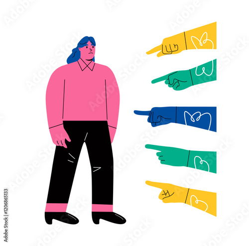 Sad or depressed business woman surrounded by hands with index fingers pointing at her. Condemnation and bullying concept. Flat vector illustration isolated on white background