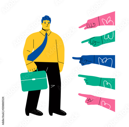 Sad or depressed business man surrounded by hands with index fingers pointing at his. Condemnation and bullying concept. Flat vector illustration isolated on white background