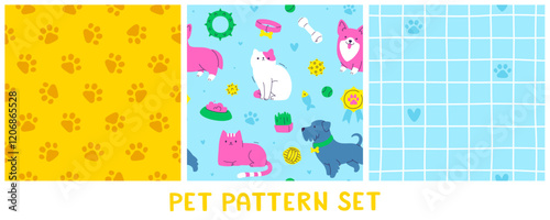 Cute pet patterns collection. Cartoon cats and dogs vector prints set. Colorful pet patterns.
