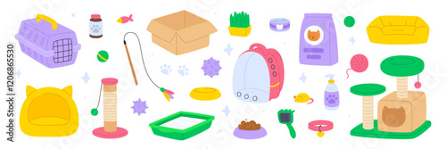 Cat accessories flat vector set. Cartoon pet store assortment collection. Doodle cat supplies bundle.