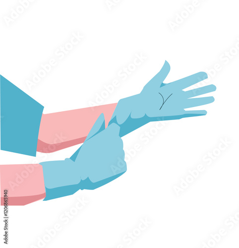 Hospital doctor wearing medical latex gloves on hands. 