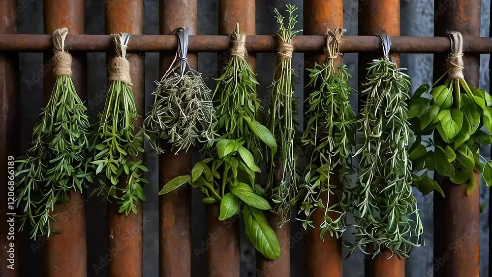 medicine herbs on hanging on the rusty rod