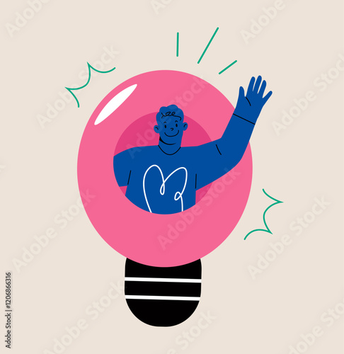 Man emerging from inside the lamp. Creative concept. Colorful vector illustration