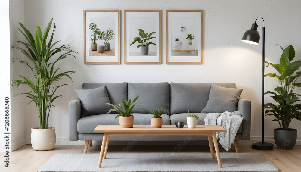 Obraz premium ai of living room grey sofa design and photos frame on wall and wooden floor and wooden table
