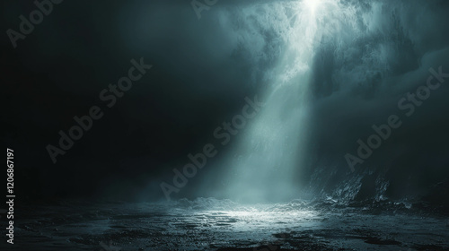 Light Beam Emerging from Sea of Darkness in Mysterious and Dramatic Landscape