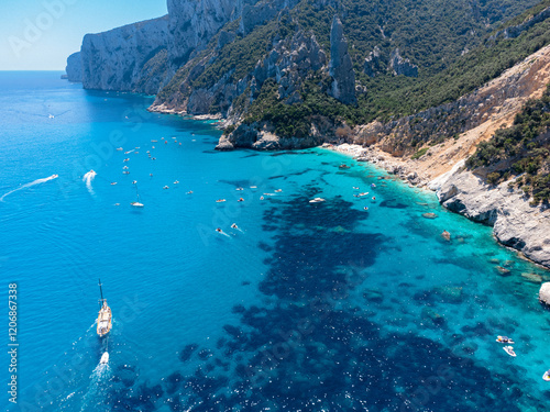 Stunning Aerial View of Cala Goloritzé, Sardinia – Mediterranean Paradise with Boats and Turquoise Waters