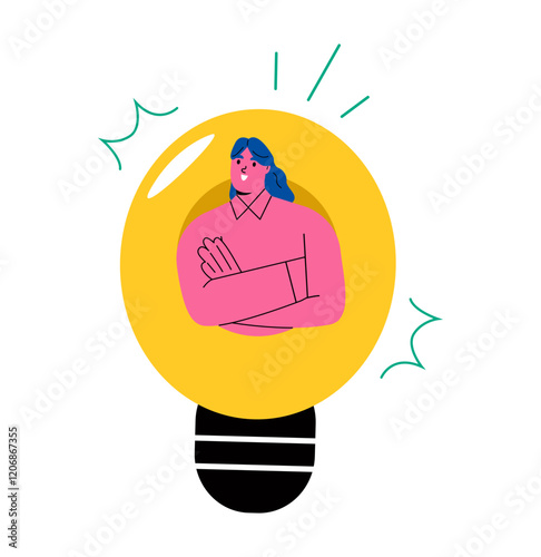 Business woman emerging from inside the lamp. Creative concept. Flat vector illustration isolated on white background