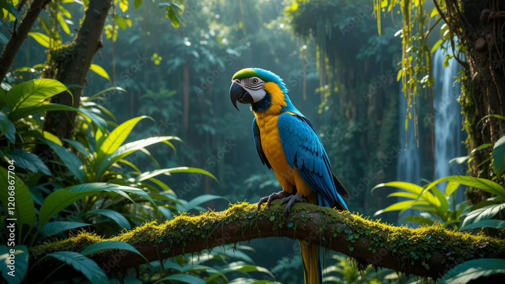 Obraz premium Blue-and-yellow macaw perched on mossy branch in lush tropical rainforest