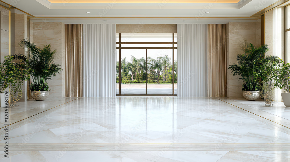 Fototapeta premium Luxurious interior with elegant curtains and marble flooring, featuring plants