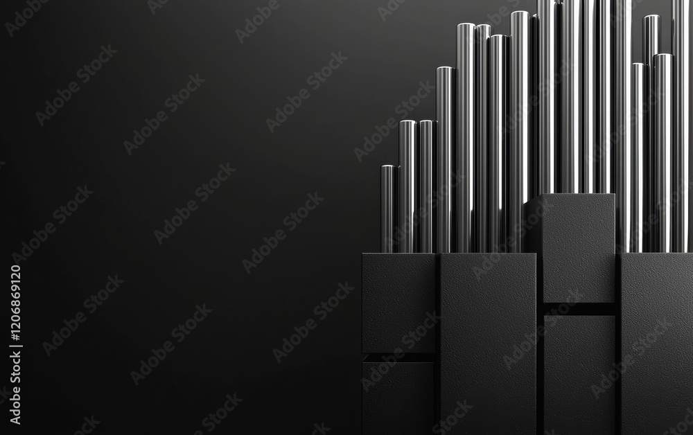 Obraz premium A minimalist arrangement of metallic rods emerging from a black base, set against a dark background, creating a sleek and modern aesthetic.